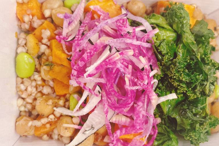Slow Roasted Sweet Potato and
Chickpea Buddha Bowl  Sauteed
Kale and Chard  Tahini  Chilli
Yoghurt